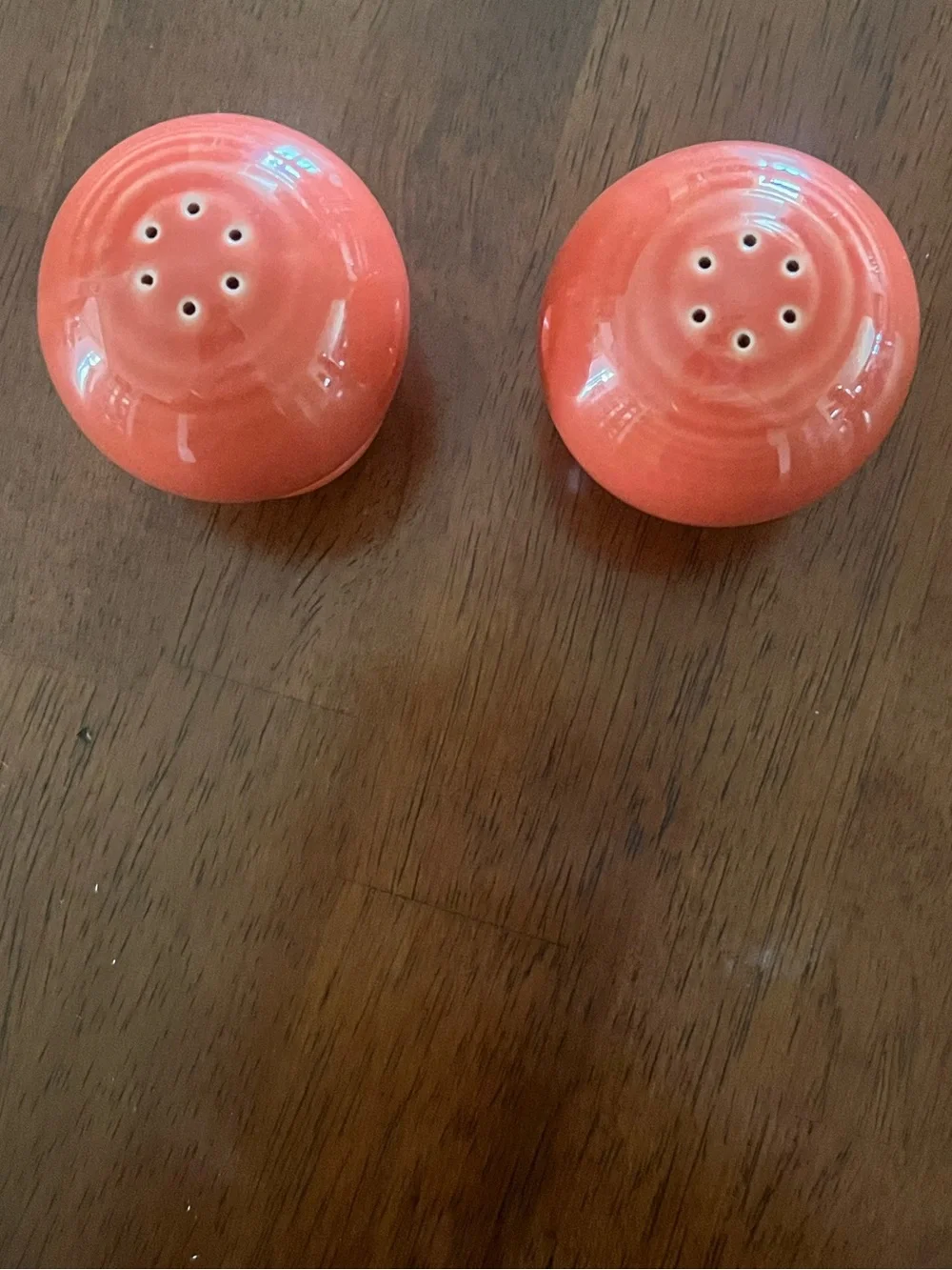 Coral Ceramic Salt and Pepper Shakers - Fiesta-ware, with stoppers